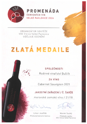 Zlatá medaile z Promenády červených vín Velké Pavlovice 2024
